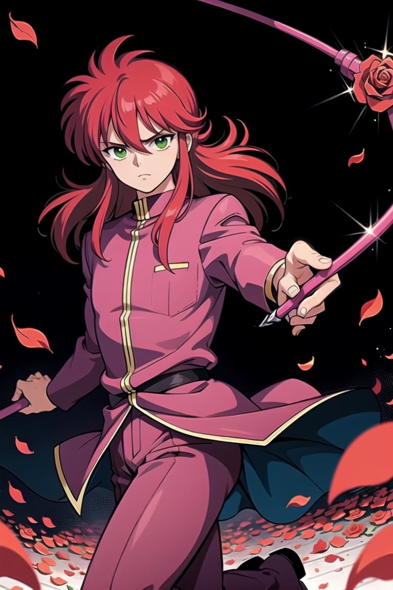 Masterpiece,Best  Quality, High Quality, (Sharp Picture Quality), 1boy, red hair, long hair, green eyes, sidelocks, kuramastd, pink school uniform, pink uniform, rose petals,(Have a whip),(,Thin body), (Long whip), dancing whip,Many rose petals dancing in the air,Serious expression,Thorn whips, yellow-green thorn whips, whips strike the ground,