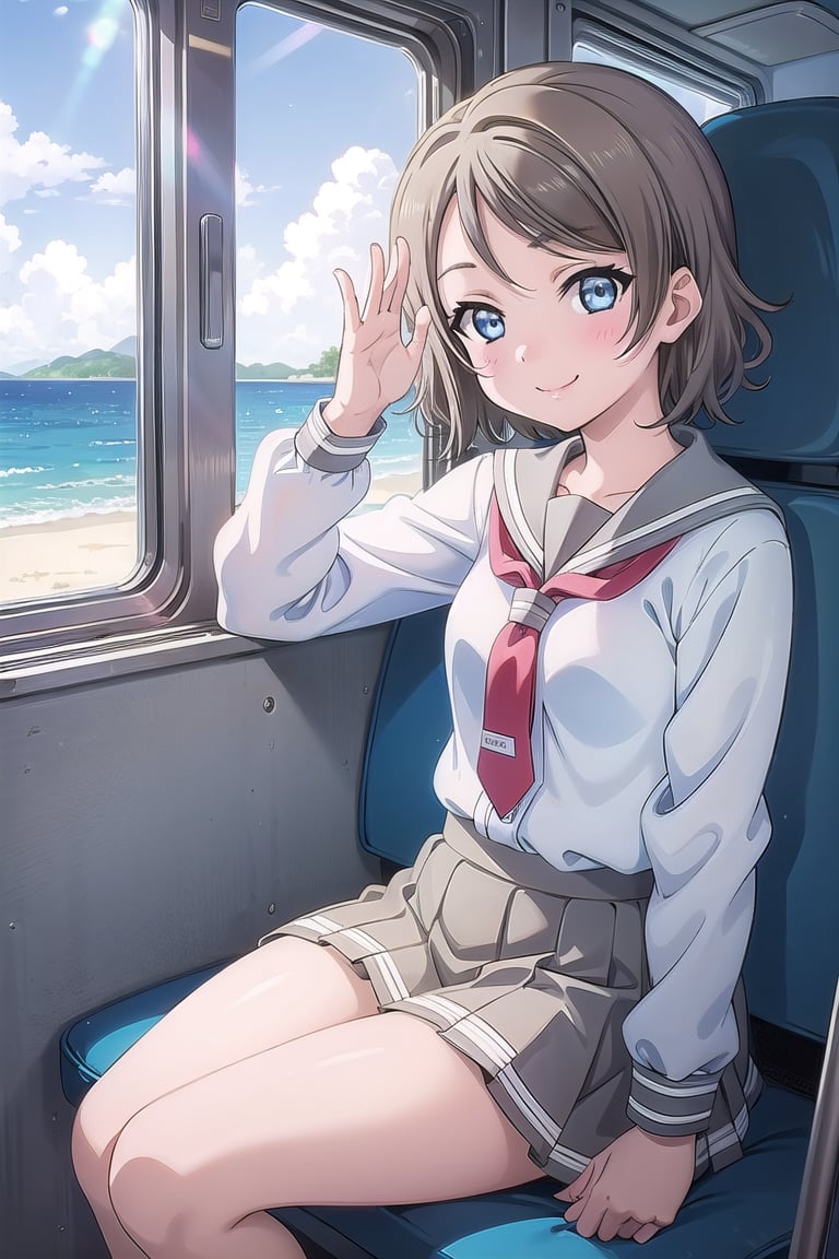 (masterpiece:1.3),best quality, (sharp quality),you watanabe,Short hair, school uniform, red tie,blue eyes,Inside a bus, a window, a window seat, blue sky, blue sea, a girl staring at the sea,Sitting on a seat, Back seat of the bus,waving,the best smile