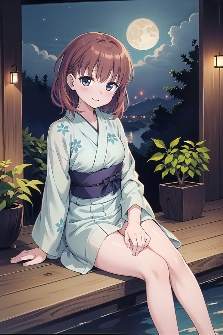 (masterpiece:1.3),best quality, (best quality, best quality: 1.3), (sharp quality),solo,Perfect Beauty,Red brown hair, short hair,((Light blue yukata)), plant patterned yukata, cute yukata, fireflies, moon, night, best smile, oblique angle, hand stroking hair, wind blowing,full_body,A girl sitting on the edge,