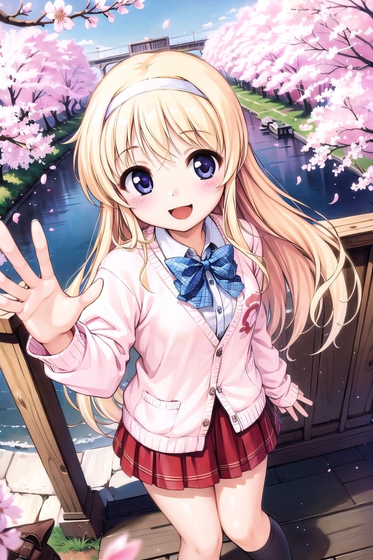 (masterpiece:1.3),best quality,1girl,(sharp quality),Blond, long hair, Purple cardigan, cute clothes, mini skirts, angles from above, cherry blossom petals, beautiful scenery, cherry blossoms, the best smiles, One hand is extending toward the sky,open hand,