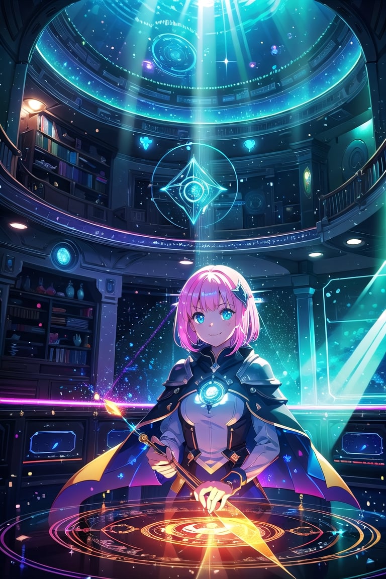 (best quality,  best quality: 1.3),  (sharp quality),  perfect beautiful woman: 1.5,1girl,  smile, pink hair,  fantasy, science fiction,  magic circle,  light particles,  light rays, spaceship interior,holographic interface,Beautiful scenery, fantasy world,