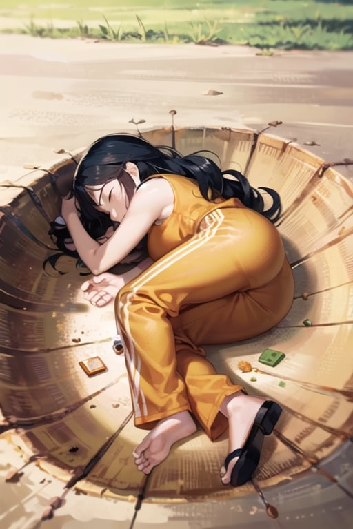 (best quality,  best quality: 1.3),  sharp quality,  (perfect beautiful woman: 1.8),1girl,  lying, on side, closed eyes, black hair,Long hair, ((wavy hair)),Orange Clothing,orange pants,Background is sandy,,Lying on its side in a circle, Yamcha,Her face is hidden by her hair.,yamchapose,lying,on side,closed eyes,Sand smoke.