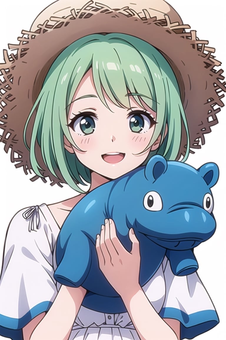 Perfect Beauty 1.5, ((white background)), ((no background)), beautiful girl,green Hair, ((wearing white dress)), alone, (very big straw hat), short-cut hair,18 years old, (Happy face),Nene odagiri,large stuffed pengin, ((face buried in stuffed animal)), ((very large Stuffed hippo)),one  Stuffed hippo,