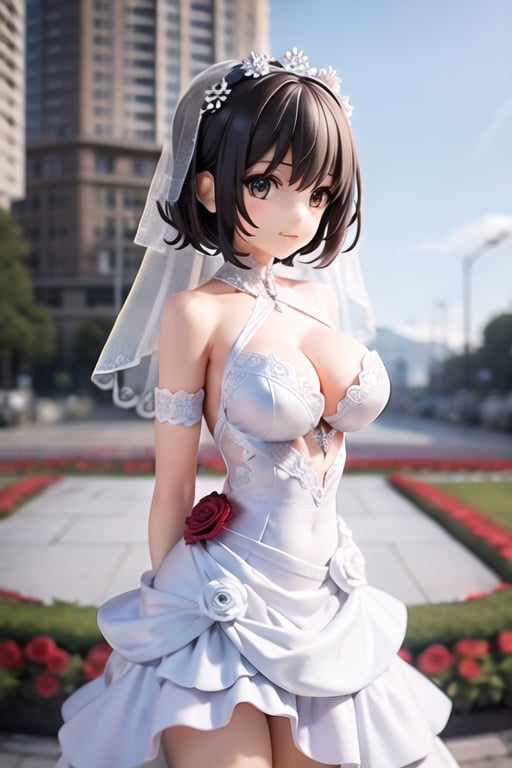  transaparent bride dress in white pizzo, black short hair, see in camera, real proportion, background of blooming roses, supporting the breast, all in focus, female_solo, hands behind the back, 