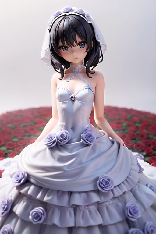 random transaparent bride dress in white pizzo, random blooming roses on dress, black random hair, see in camera, real proportion, empty background, tiny breast, all in focus, female_solo, 