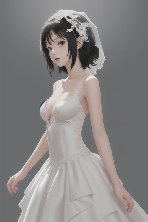 bride dress, short-black-hair, tiny_breasts,   natural_background