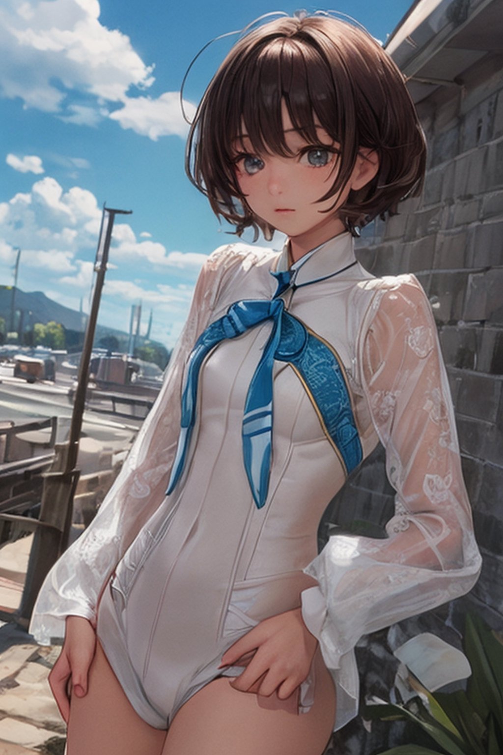 White combat suit with blue pattern, a cute girl, pixie cut hair, outdoors, blue sky, Canon, (masterpiece, high quality, high details, textured skin, cowboy shot)