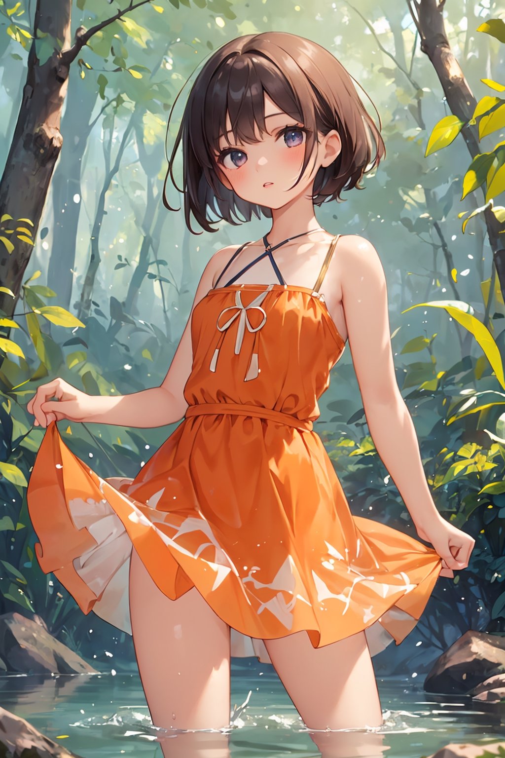 A cute girl with beautiful short hair wearing an orange dress with a white pattern dances on the edge of a crystal clear lake, surrounded by a magical forest filled with fairies and other mystical creatures. (high quality, ultra detailed, perfect anatomy, masterpiece), akemi