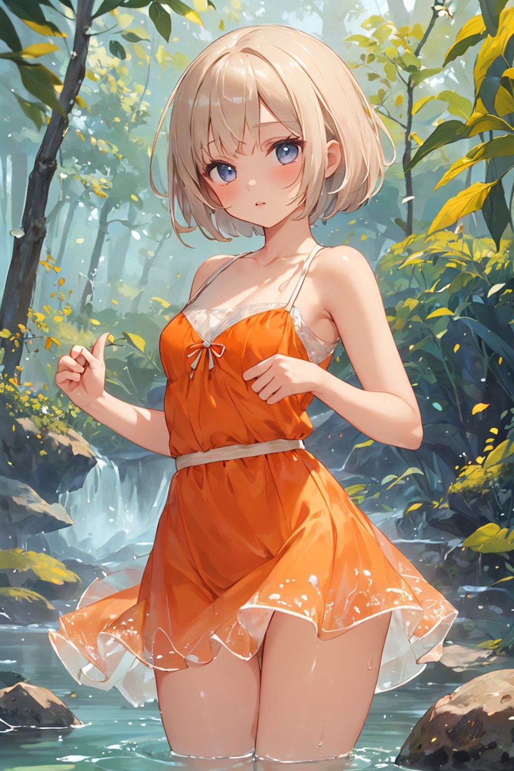 A cute girl with beautiful short hair wearing an orange dress with a white pattern dances on the edge of a crystal clear lake, surrounded by a magical forest filled with fairies and other mystical creatures. (high quality, ultra detailed, perfect anatomy, masterpiece), akemi