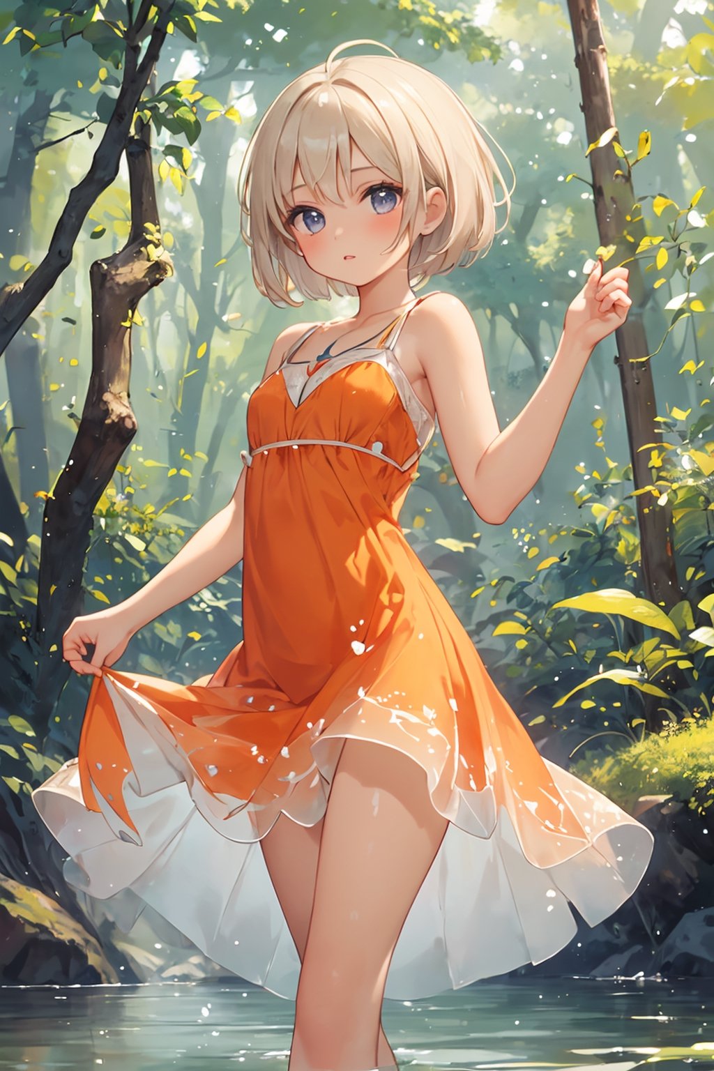 A cute girl with beautiful short hair wearing an orange dress with a white pattern dances on the edge of a crystal clear lake, surrounded by a magical forest filled with fairies and other mystical creatures. (high quality, ultra detailed, perfect anatomy, masterpiece), akemi