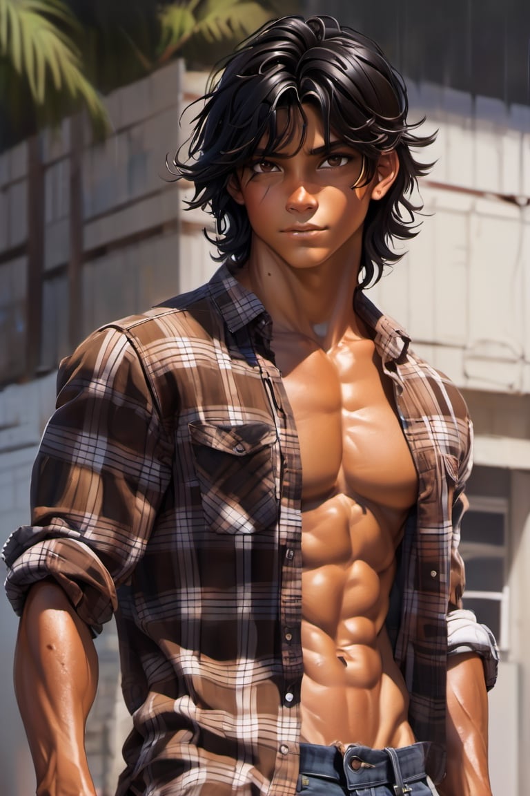 messy hair, guy, boy, tan skin, middle part hair, black hair, brown eyes, abs, muscular, tan, guy, boy, teenager, middle part, plaid shirt, open shirt, abs, open shirt, wet, 