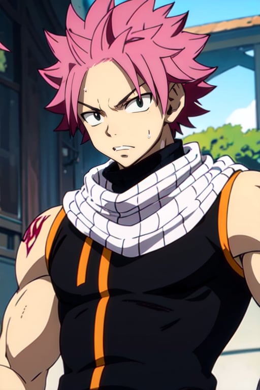 masterpiece, best quality, high quality, 1boy, solo, male focus, upper_body, 1boy, black eyes, pink hair, matte skin, short hair, messy hair, muscle, Natsu Dragneel,natsu_dragneel,pink hair, upper body, mucsular arms and chestf, tight shirt, shirt, perfect, handsome, wearing tight black shirt