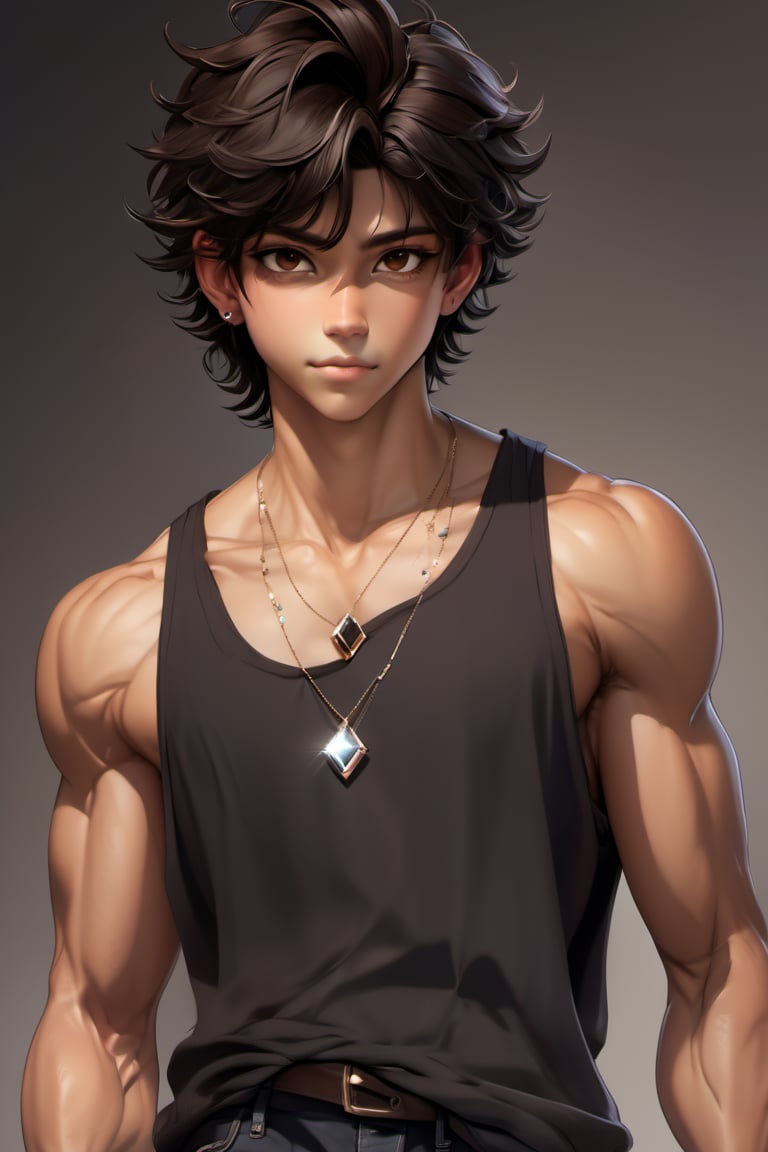 male, about 19 years old, messy hair, fluffy hair, extremely handsome, sexy, proportional face, wearing tank top, brown eyes, diamond earrings, necklace, sexy, black hair, tan skin, fluffy hair, tan,