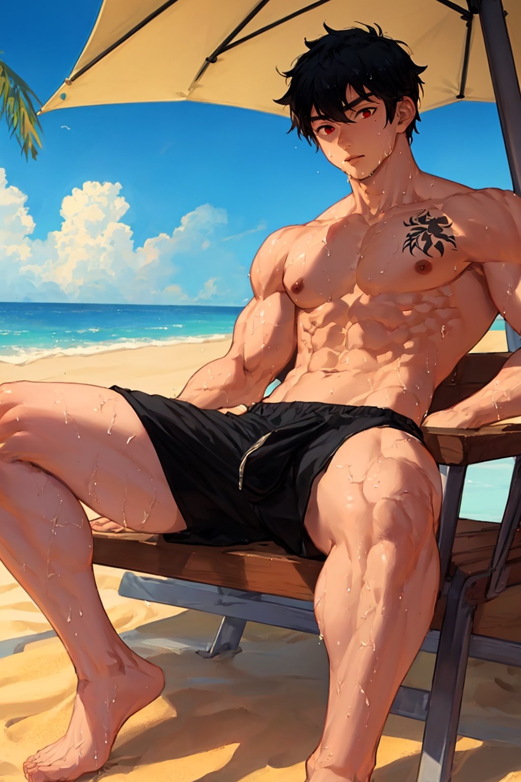 solo, male,1boy,shota,black hair,red eyes,spread legs,sky, abs, shirtless, tatoos, wet, muscles, big, muscles, sitting down on sand, bulge, abs, wearing underwear,  