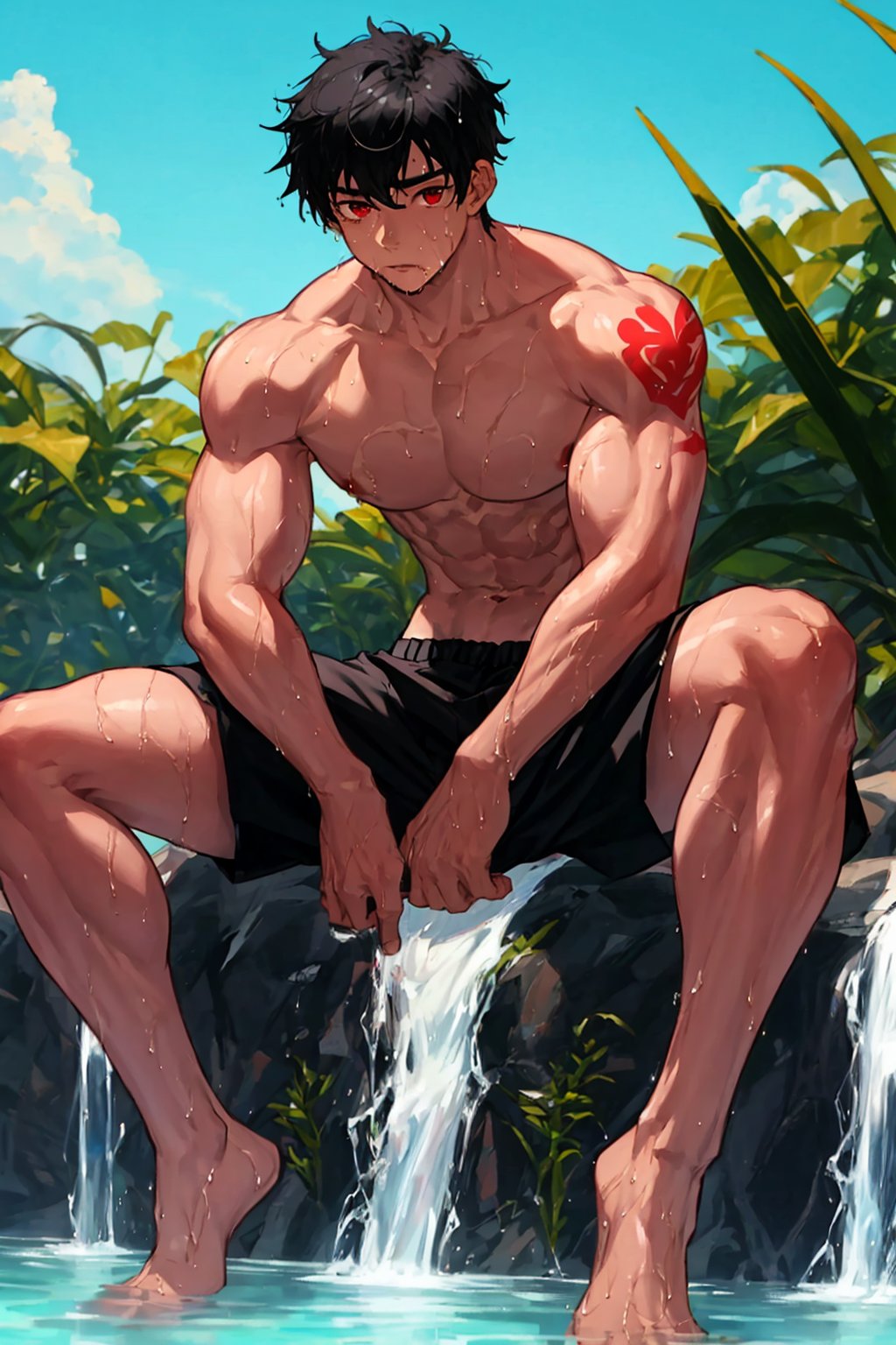 solo, male,1boy,shota,black hair,red eyes,sqautting,spread legs,sky, abs, shirtless, tatoos, wet, muscles, big, muscles