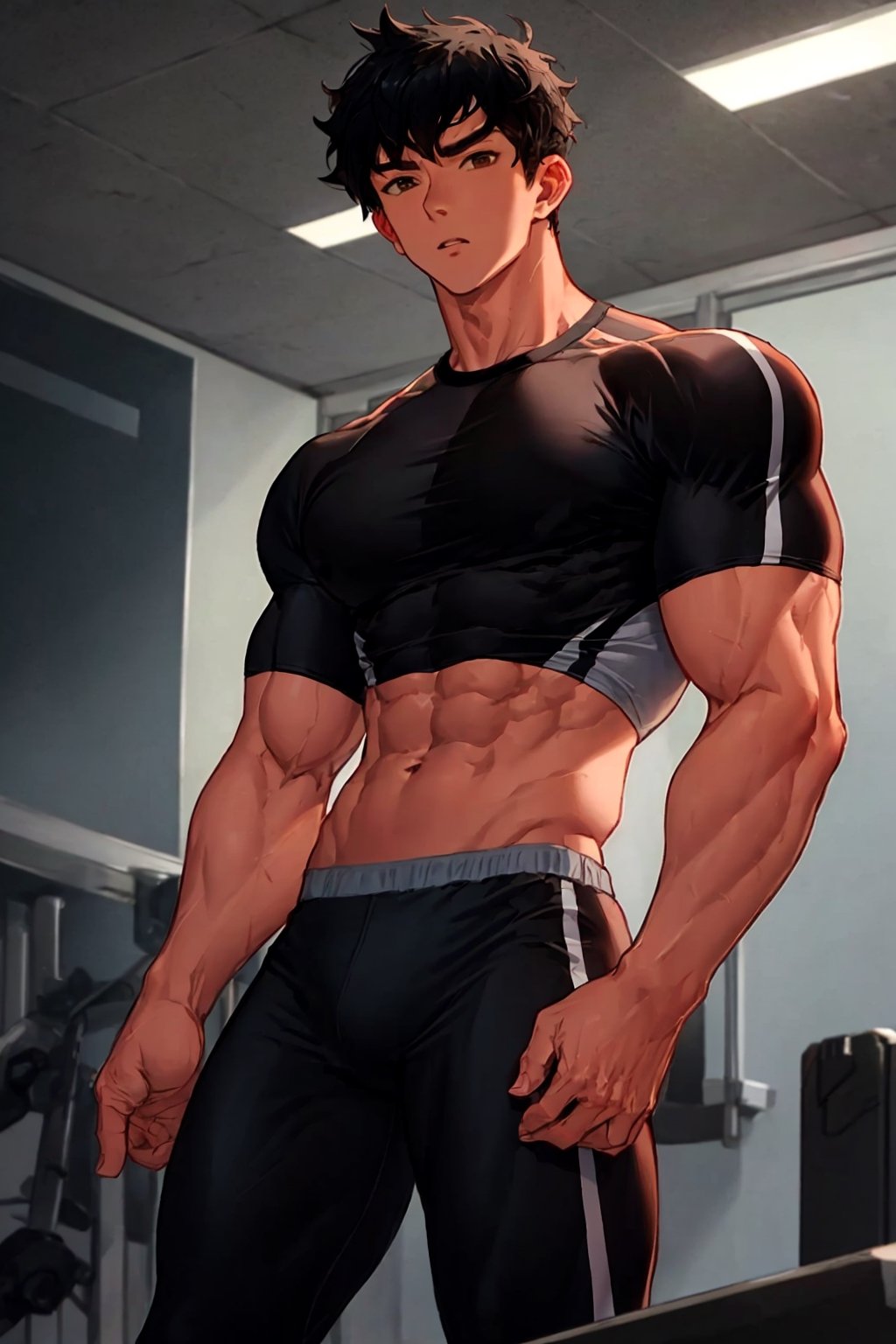 super hot boy, muscular, abs, black hair, muscular chest, messy hair, brown eyes, beefy, wearing compression shirt, handsome 