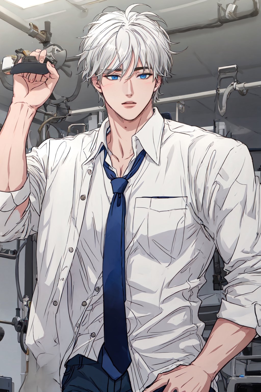 messy hair, guy, boy, middle part hair, white hair, beautiful blue eyes, abs, muscular, guy, boy, teenager, middle part, wearing a button up shirt, top few buttons unbuttoned, loosened tie, 