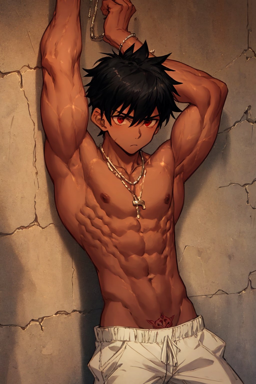 solo, male,1boy,shota,black hair,red eyes,abs, shirtless, tatooos, muscles, necklace, tan, big, muscles, tan, pinning someone to a wall,