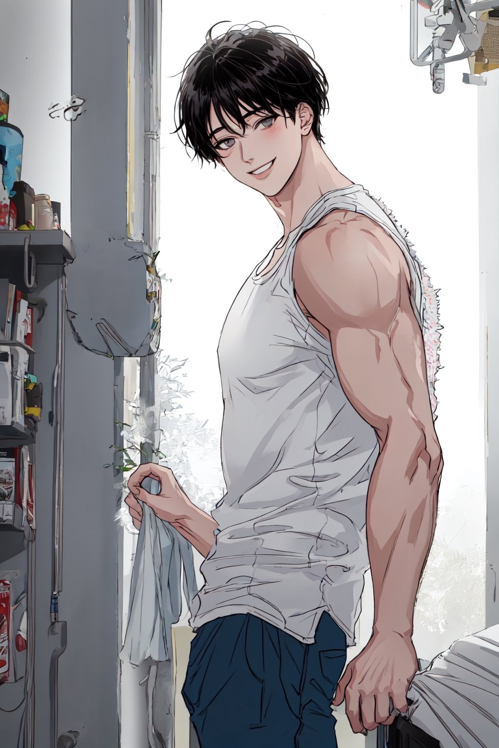 masterpiece,  best quality,  highly detailed background,  perfect lighting,  best quality,  (extremely detailed face),  volumetric lighting,  intricate details,  shadow,  tonemapping,  sharp focus,  hyper detailed,  trending on Artstation,  (solo)
BREAK
(1boy,  gray eyes, black hair,  muscular male)
BREAK
(tank top shirt, pants)
BREAK
(Indoors,  bedroom,  cover,  standing,)
BREAK
(Looking at viewer, light smile)