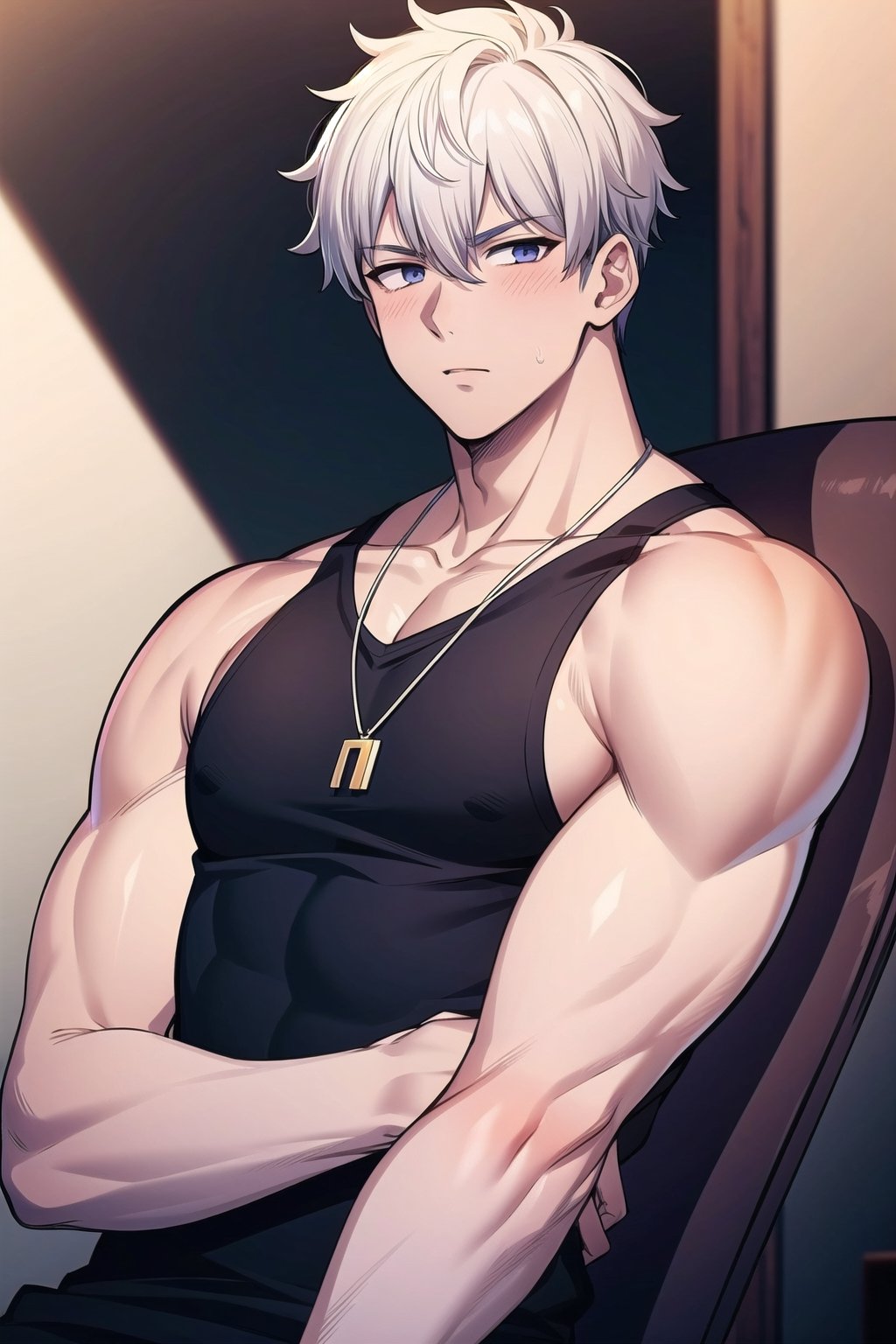 (masterpiece), (1boy, male focus:1.4), white hair, very short hair, disheveled hair, cool, necklace, black shirt, glowing, SOLO LEVELING, handsome, mature, tank top shirt, shirt, defined muscles, 