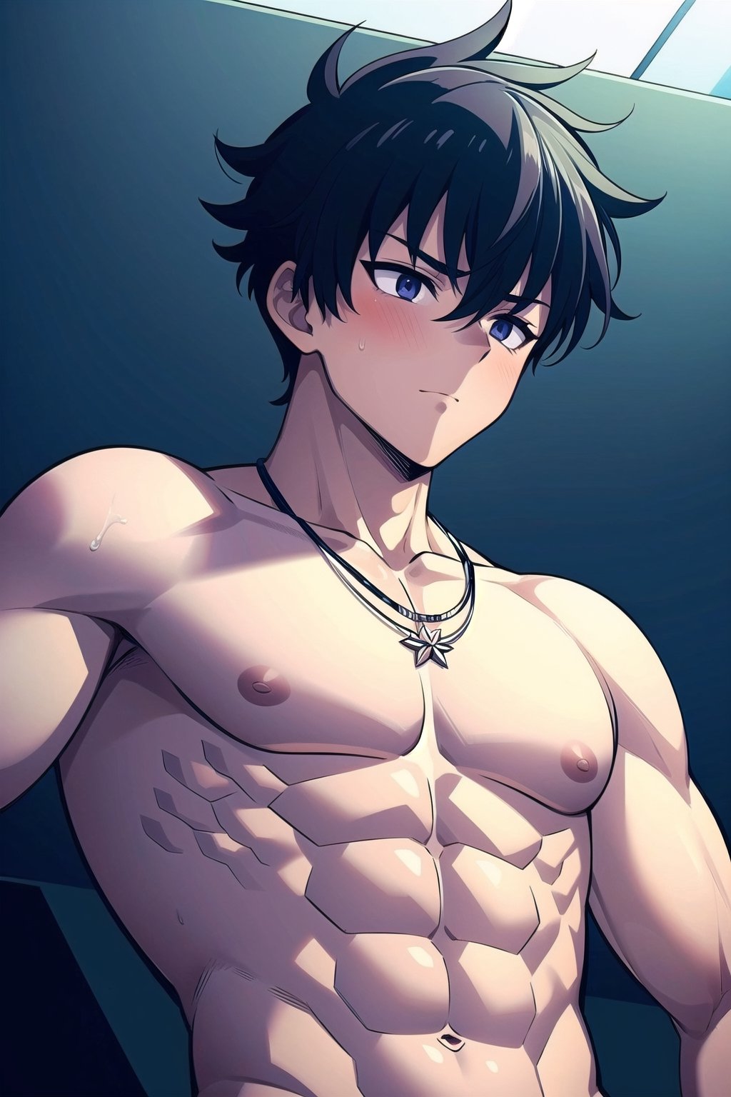 (masterpiece), (1boy, male focus:1.4), black hair, very short hair, disheveled hair, cool, necklace, glowing, SOLO LEVELING, handsome, mature, defined muscles, tan, shirtless, vieny, 