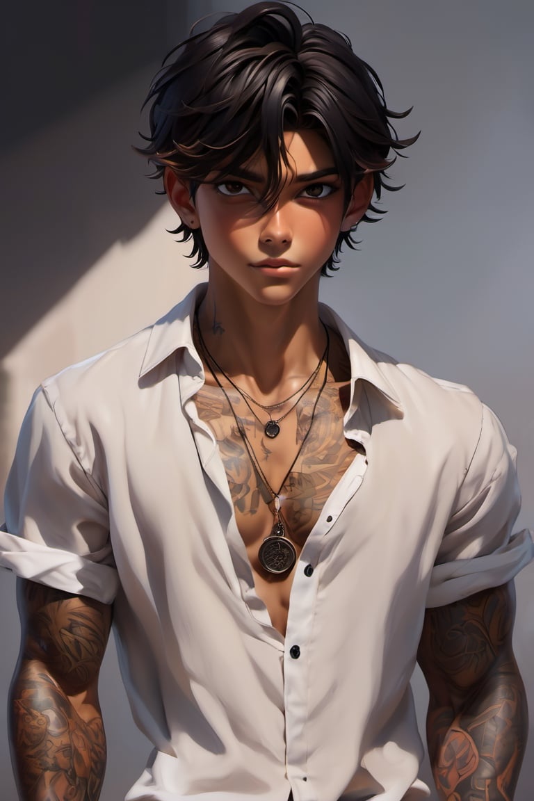 messy hair, guy, boy, tan skin, middle part hair, black hair, brown eyes, tan, guy, boy, teenager, middle part, neck tatoos, short hair, necklace, jewlery, handsome, hansome, 8 pack abs, white button up shirt, strong, 