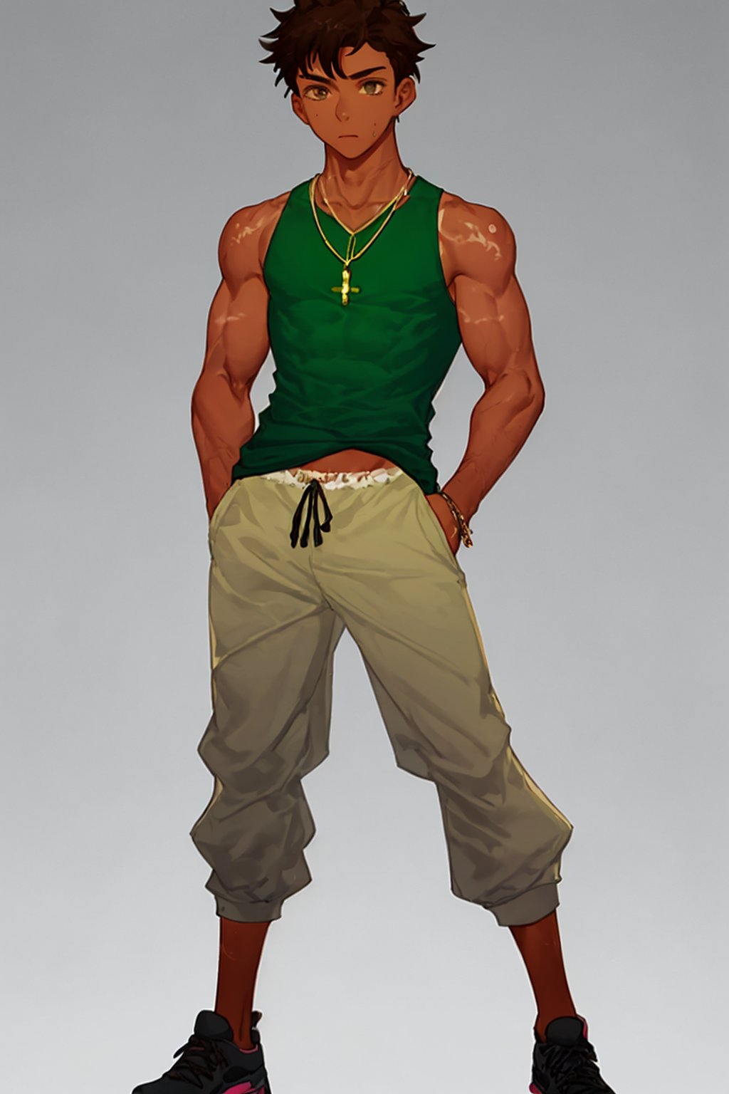 Tall boy with dark brown hair and dark brown eyes is standing with his hands in his pockets. He has a young, masculine face. His hair is in a middle part. He is wearing a green tank top with bulging muscles. His hand is on his head. He is wearing very tight sweatpants and his legs are muscular. He is hispanic and he is tan. He has hair in a middle part. His full body is shown. He has a serious look. His eyes are beautiful. He is young. He has tan skin. you can see his abs and muscular chest through his tank top. He is tan and his skin is dark. His eyes are big. You can see his abs through the tank top. He has a middle part hair. Boy. Guy.. boy male. you can see his abs and chest through the tank top. Hot guy. Boy is wearing necklace. You can see the boys abs through the tank top. The boy is tan. Hand is on head. He has a tatoo on his shoulder.
