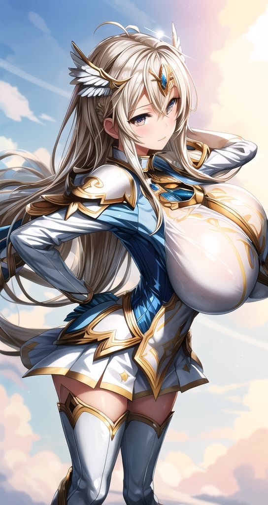 1 beautiful Valkyrie girl, sexy action pose, very long delicated platinum hair, bright gold eyes, holding a magical valkyrie sword, big giant angel wings, gigantic breasts, cleavage, clouds and giant sun in background, detailed, masterpiece quality, close-up, front of view ,fantasy00d, beams light effect, symmetrical ,giga_busty