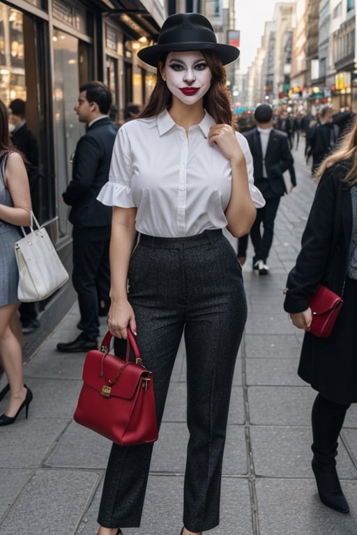 Joker dressed as a young woman wearing hat and having a bag, full body shot, on the crowded street, giga_busty