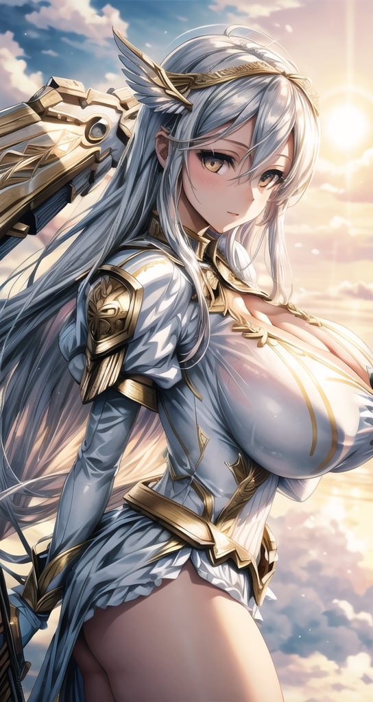 1 beautiful Valkyrie girl, sexy action pose, very long delicated platinum hair, bright gold eyes, holding a magical valkyrie sword, big giant angel wings, gigantic breasts, cleavage, clouds and giant sun in background, detailed, masterpiece quality, close-up, front of view ,fantasy00d, beams light effect, symmetrical ,giga_busty