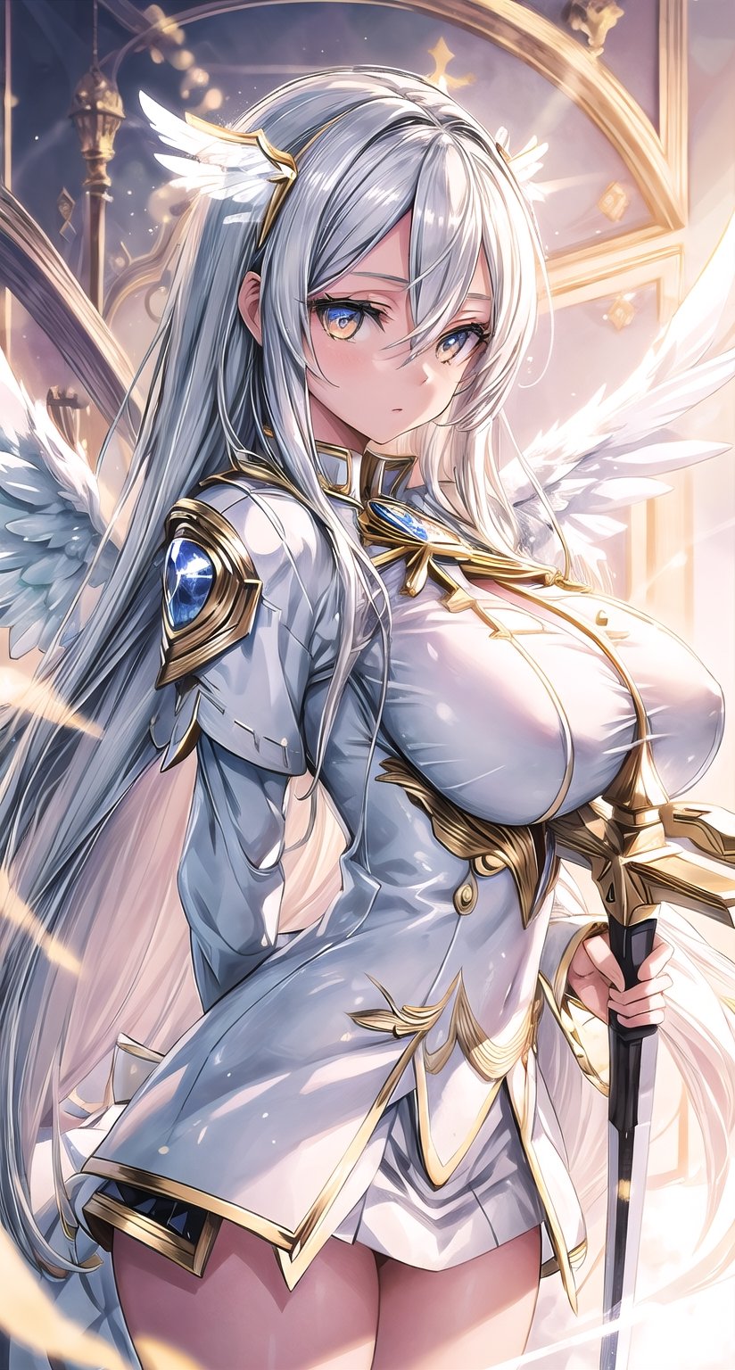 1 beautiful Valkyrie girl, very long delicated platinum hair, bright gold eyes, holding a magical valkyrie sword, big giant angel wings, large breasts, clouds and giant sun in background, detailed, masterpiece quality, close-up, front of view ,fantasy00d, beams light effect, symmetrical ,giga_busty