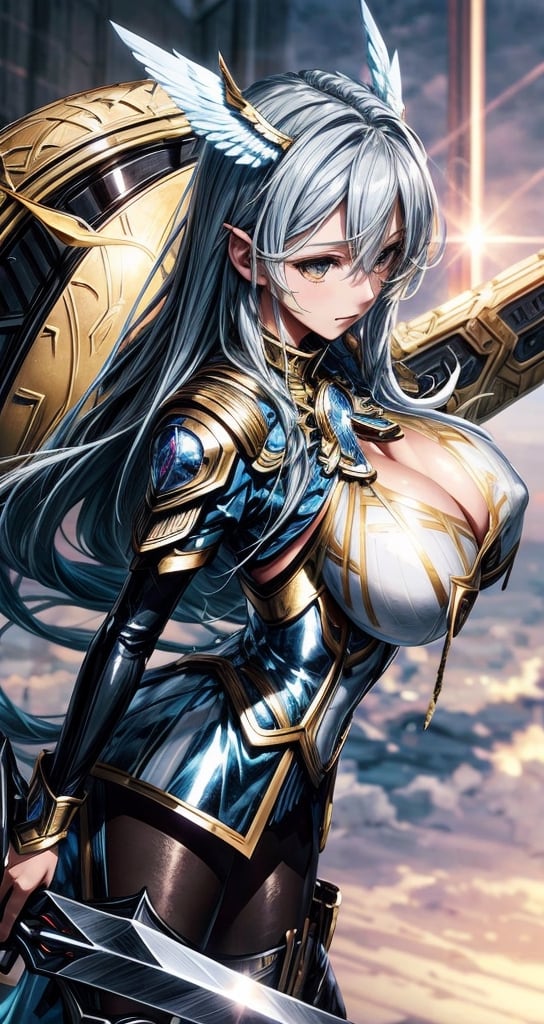 1 beautiful Valkyrie girl, sexy action pose, very long delicated platinum hair, bright gold eyes, holding a magical valkyrie sword, big giant angel wings, gigantic breasts, cleavage, clouds and giant sun in background, detailed, masterpiece quality, close-up, front of view ,fantasy00d, beams light effect, symmetrical ,giga_busty