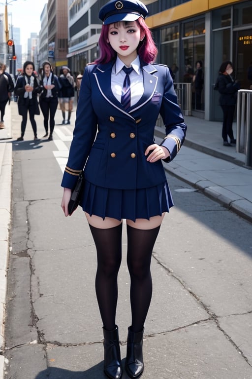 joker as a highschool girl wearing hat and uniforms, fully clothed , full body shot. on the street, giga_busty