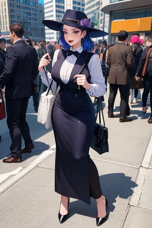 Joker dressed as a young woman wearing hat and having a bag, full body shot, on the crowded street, giga_busty