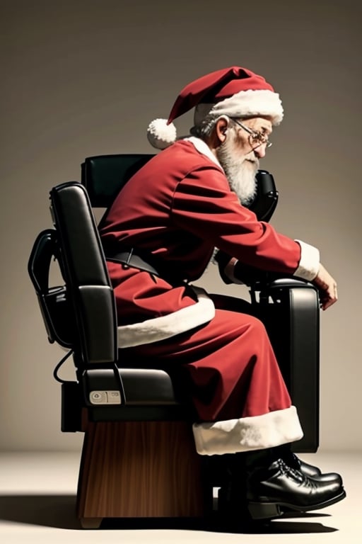 Santa Claus sitting in a massage chair, side view,<lora:659111690174031528:1.0>