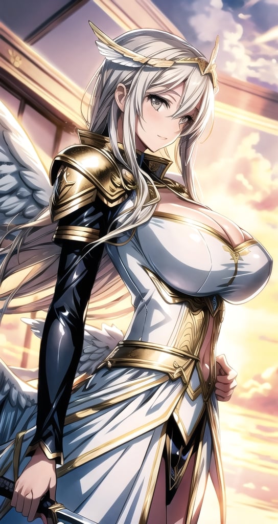 1 beautiful Valkyrie girl, sexy pose, very long delicated platinum hair, bright gold eyes, holding a magical valkyrie sword, big giant angel wings, gigantic breasts, cleavage, clouds and giant sun in background, detailed, masterpiece quality, close-up, front of view ,fantasy00d, beams light effect, symmetrical ,giga_busty