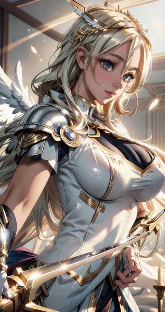 1 beautiful Valkyrie girl, sexy pose, very long delicated platinum hair, bright gold eyes, holding a magical valkyrie sword, big giant angel wings, gigantic breasts, cleavage, clouds and giant sun in background, detailed, masterpiece quality, close-up, front of view ,fantasy00d, beams light effect, symmetrical ,giga_busty