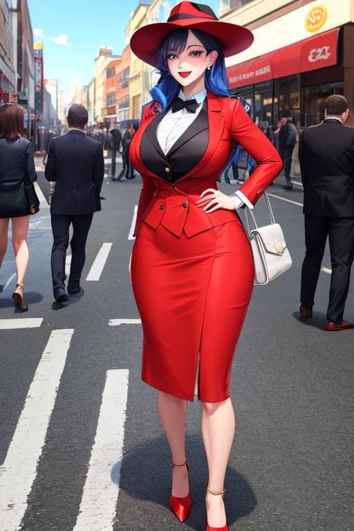 Joker dressed as a young woman wearing hat and having a bag, full body shot, on the crowded street, giga_busty