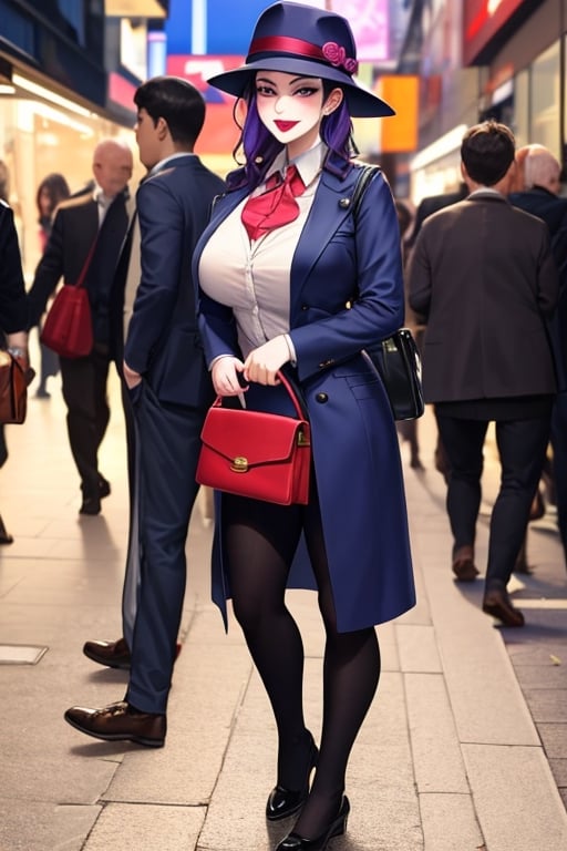 Joker dressed as a young woman wearing hat and having a bag, full body shot, on the crowded street, giga_busty