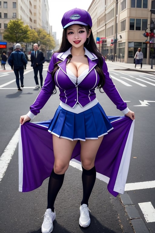 joker as a highschool girl wearing hat and cheer leading uniforms, fully clothed , huge breasts, cleavage, full body shot, on the street, giga_busty