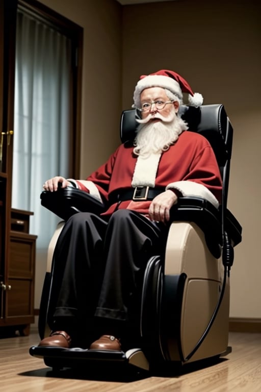 Santa Claus sitting in a massage chair,<lora:659111690174031528:1.0>