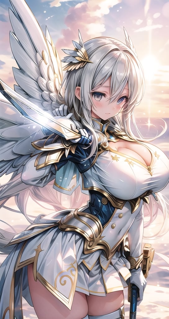 1 beautiful Valkyrie girl, sexy action pose, very long delicated platinum hair, bright gold eyes, holding a magical valkyrie sword, big giant angel wings, gigantic breasts, cleavage, clouds and giant sun in background, detailed, masterpiece quality, close-up, front of view ,fantasy00d, beams light effect, symmetrical ,giga_busty