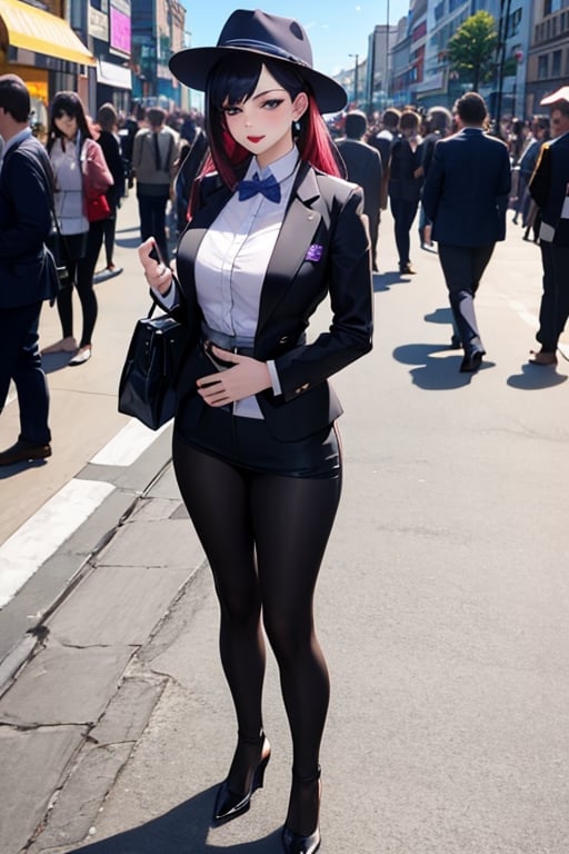 Joker dressed as a young woman wearing hat and having a bag, full body shot, on the crowded street, giga_busty