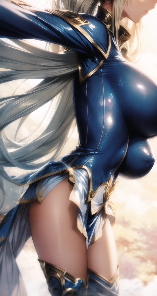 1 beautiful Valkyrie girl, sexy action pose, very long delicated platinum hair, bright gold eyes, holding a magical valkyrie sword, big giant angel wings, gigantic breasts, cleavage, clouds and giant sun in background, detailed, masterpiece quality, close-up, front of view ,fantasy00d, beams light effect, symmetrical ,giga_busty