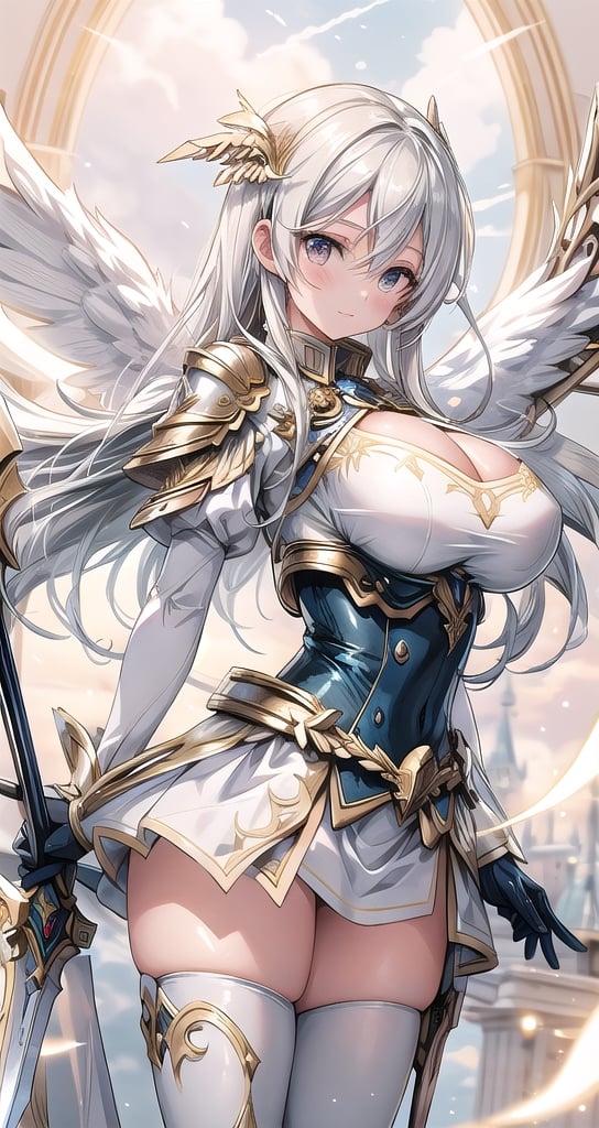 1 beautiful Valkyrie girl, sexy action pose, very long delicated platinum hair, bright gold eyes, holding a magical valkyrie sword, big giant angel wings, gigantic breasts, cleavage, clouds and giant sun in background, detailed, masterpiece quality, close-up, front of view ,fantasy00d, beams light effect, symmetrical ,giga_busty