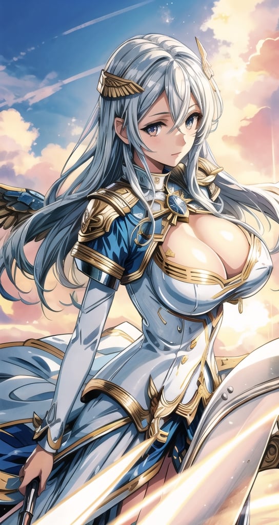 1 beautiful Valkyrie girl, sexy action pose, very long delicated platinum hair, bright gold eyes, holding a magical valkyrie sword, big giant angel wings, gigantic breasts, cleavage, clouds and giant sun in background, detailed, masterpiece quality, close-up, front of view ,fantasy00d, beams light effect, symmetrical ,giga_busty