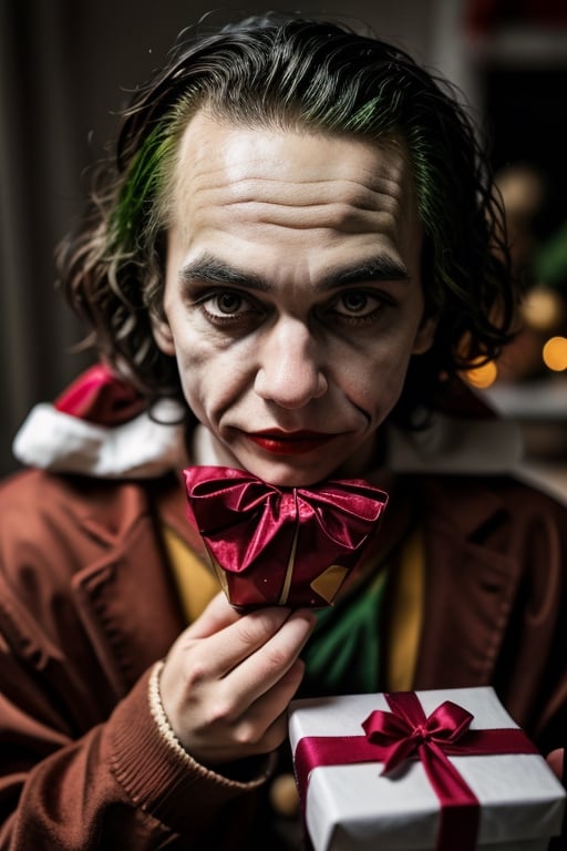 the Joker as a Santa Claus with gift box

,,<lora:659111690174031528:1.0>