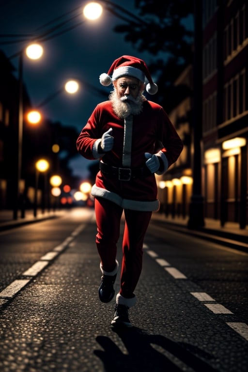 Santa Running, full body shot,Masterpiece, night road,<lora:659111690174031528:1.0>