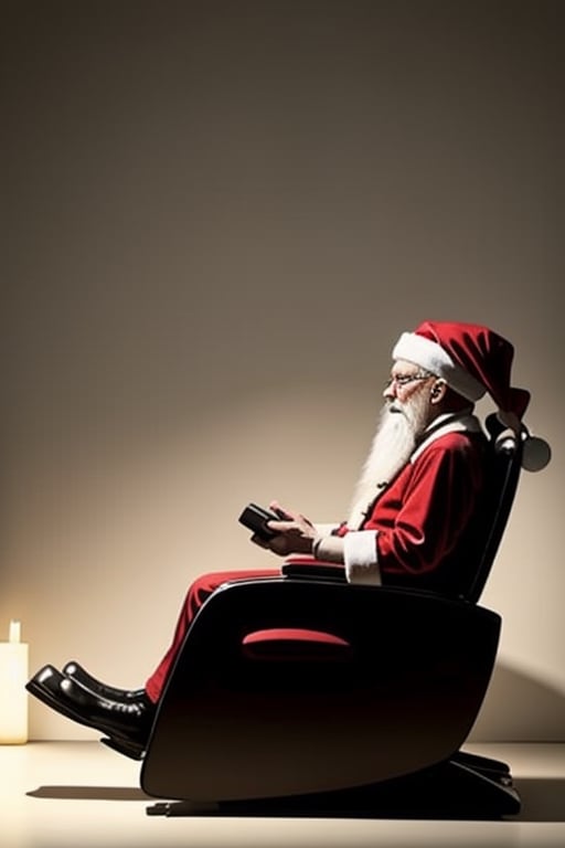 Santa Claus sitting in a massage chair, side view,<lora:659111690174031528:1.0>