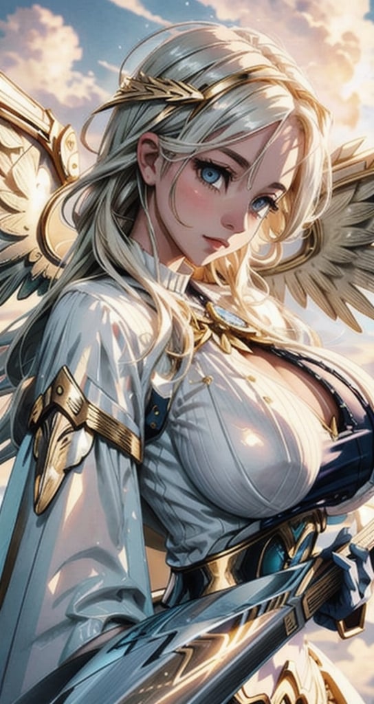 1 beautiful Valkyrie girl, sexy pose, very long delicated platinum hair, bright gold eyes, holding a magical valkyrie sword, big giant angel wings, gigantic breasts, cleavage, clouds and giant sun in background, detailed, masterpiece quality, close-up, front of view ,fantasy00d, beams light effect, symmetrical ,giga_busty